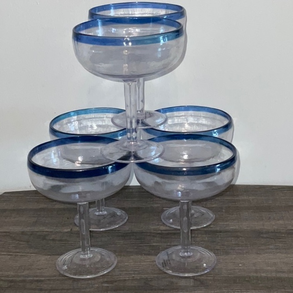 SIX ACRYLIC MARGARITA COCKTAIL DRINKS BLUE RIM STEM GLASSES NEW WITH TAG SET